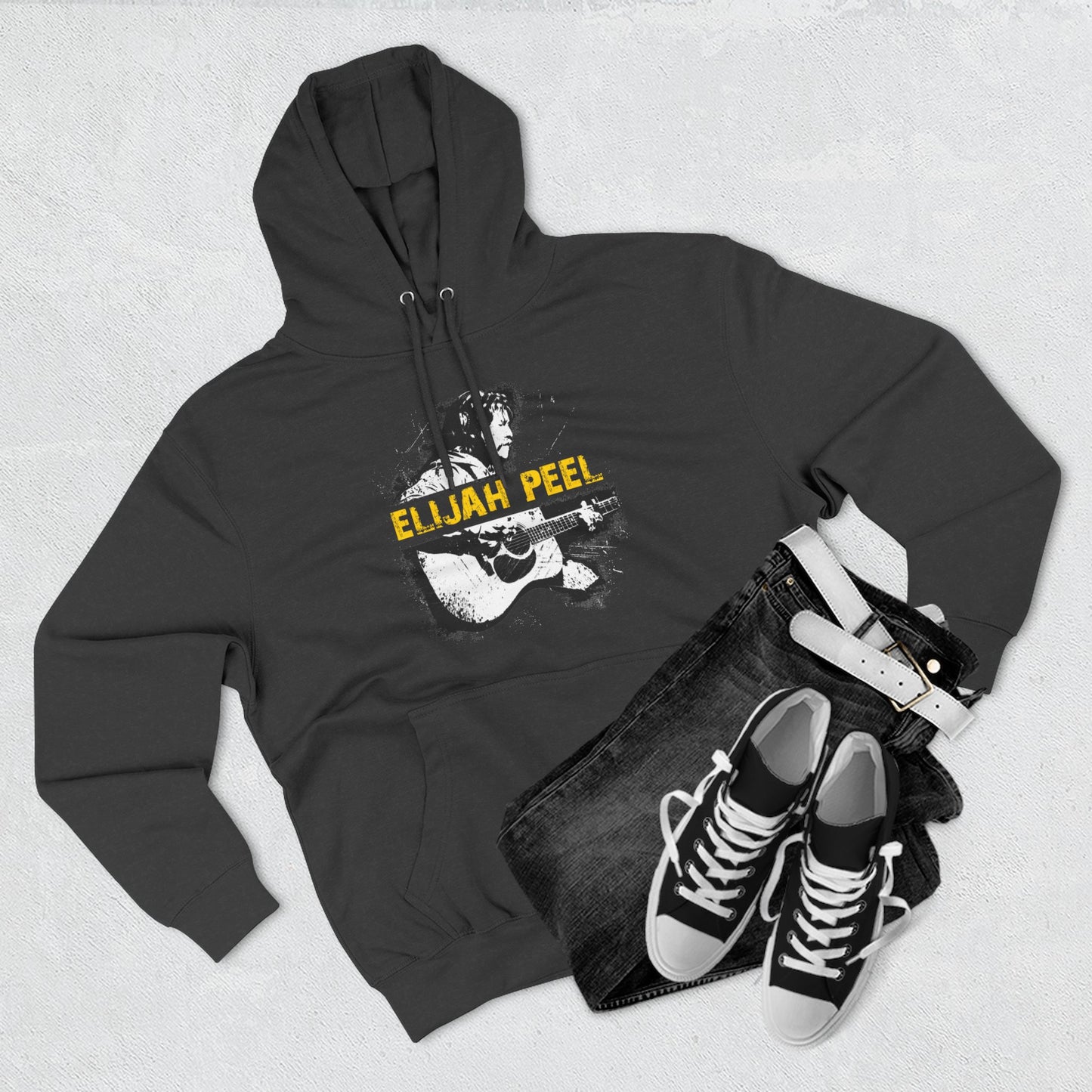 Elijah Peel Acoustic Guitar Hoodie — Musician Portrait Pullover Yellow Text