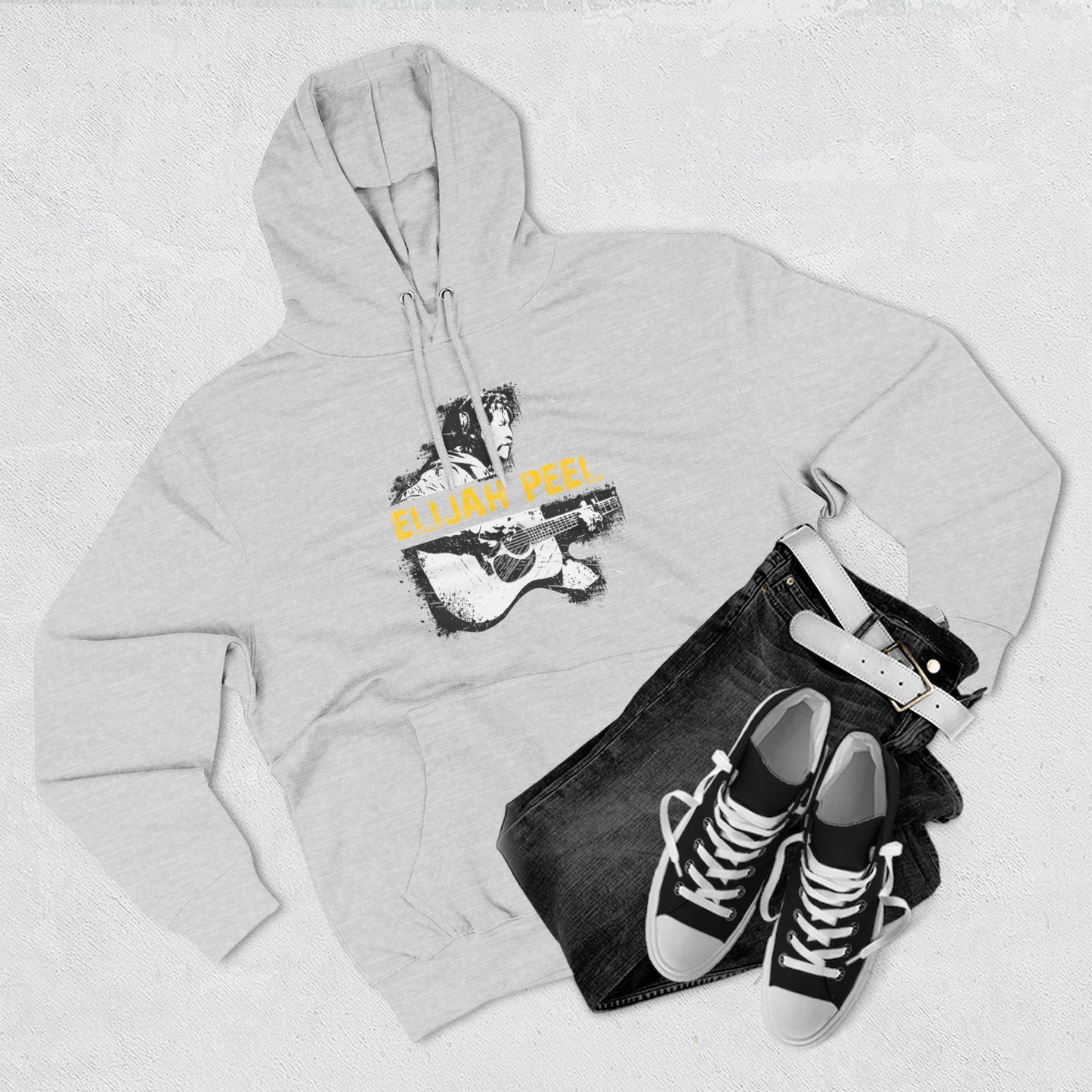 Elijah Peel Acoustic Guitar Hoodie — Musician Portrait Pullover Yellow Text