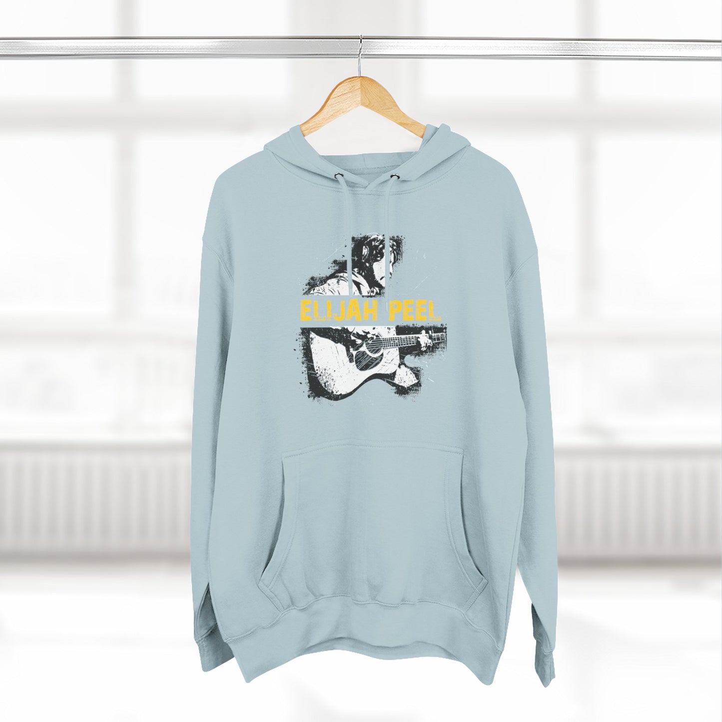 Elijah Peel Acoustic Guitar Hoodie — Musician Portrait Pullover Yellow Text
