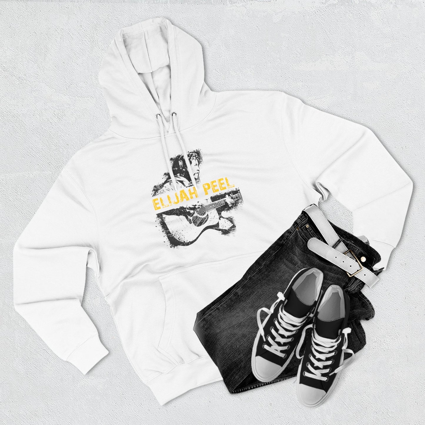 Elijah Peel Acoustic Guitar Hoodie — Musician Portrait Pullover Yellow Text
