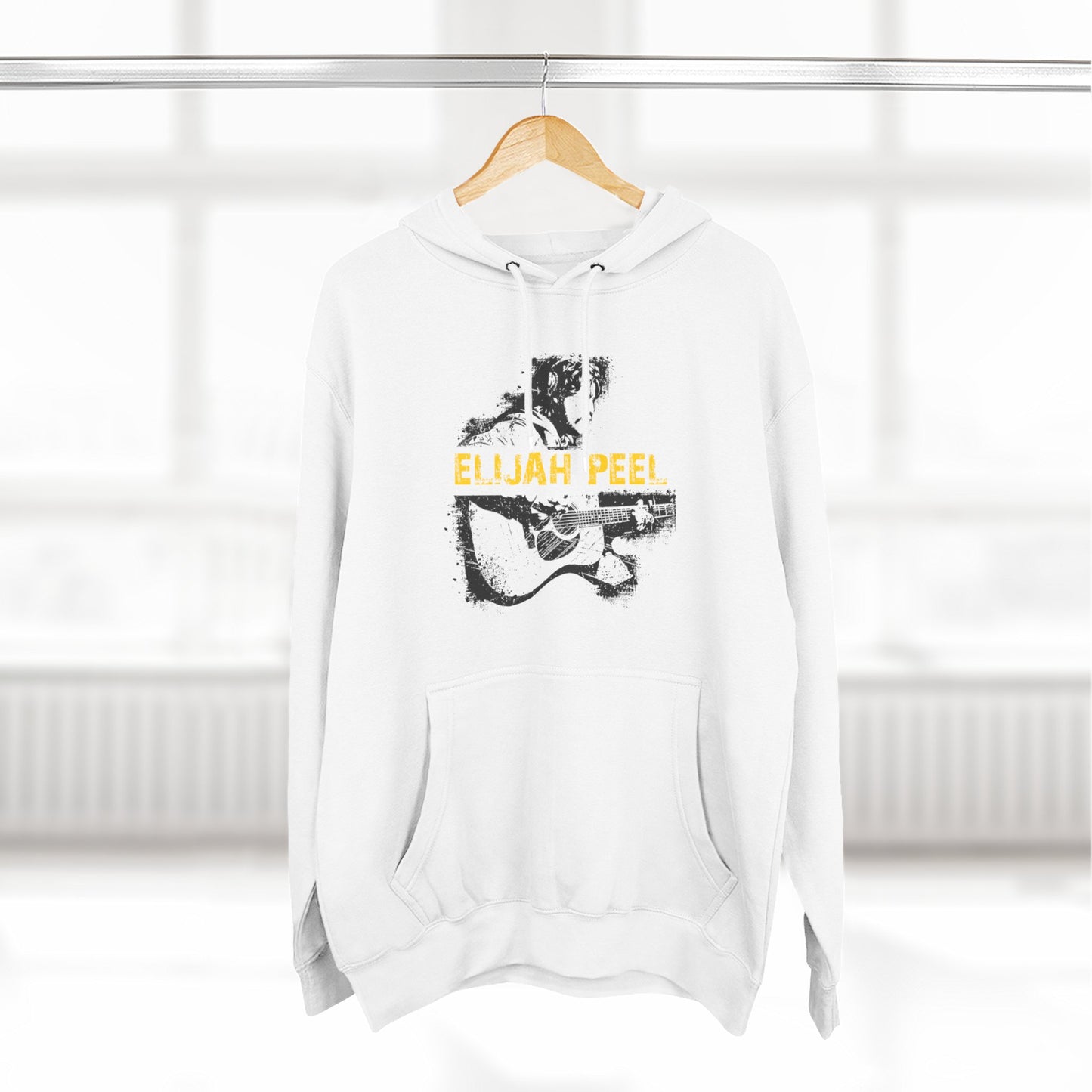Elijah Peel Acoustic Guitar Hoodie — Musician Portrait Pullover Yellow Text