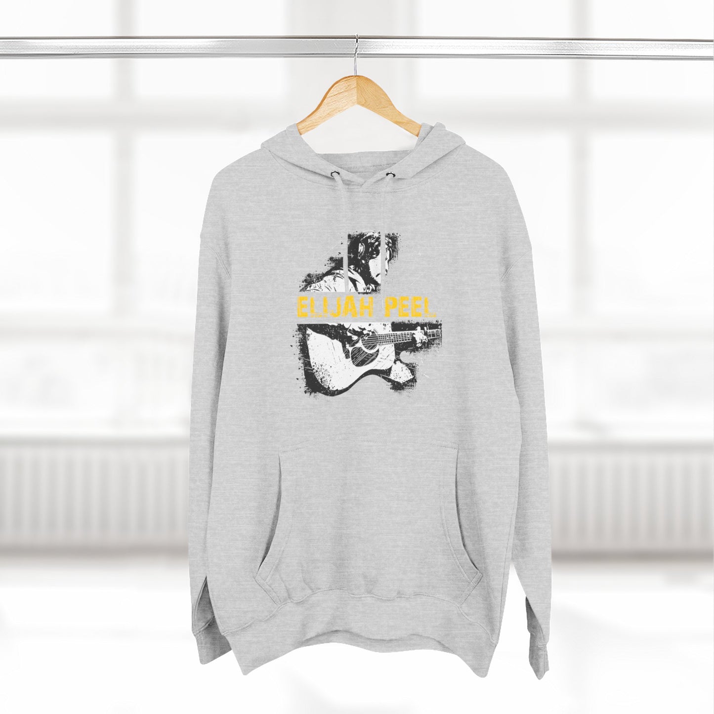 Elijah Peel Acoustic Guitar Hoodie — Musician Portrait Pullover Yellow Text