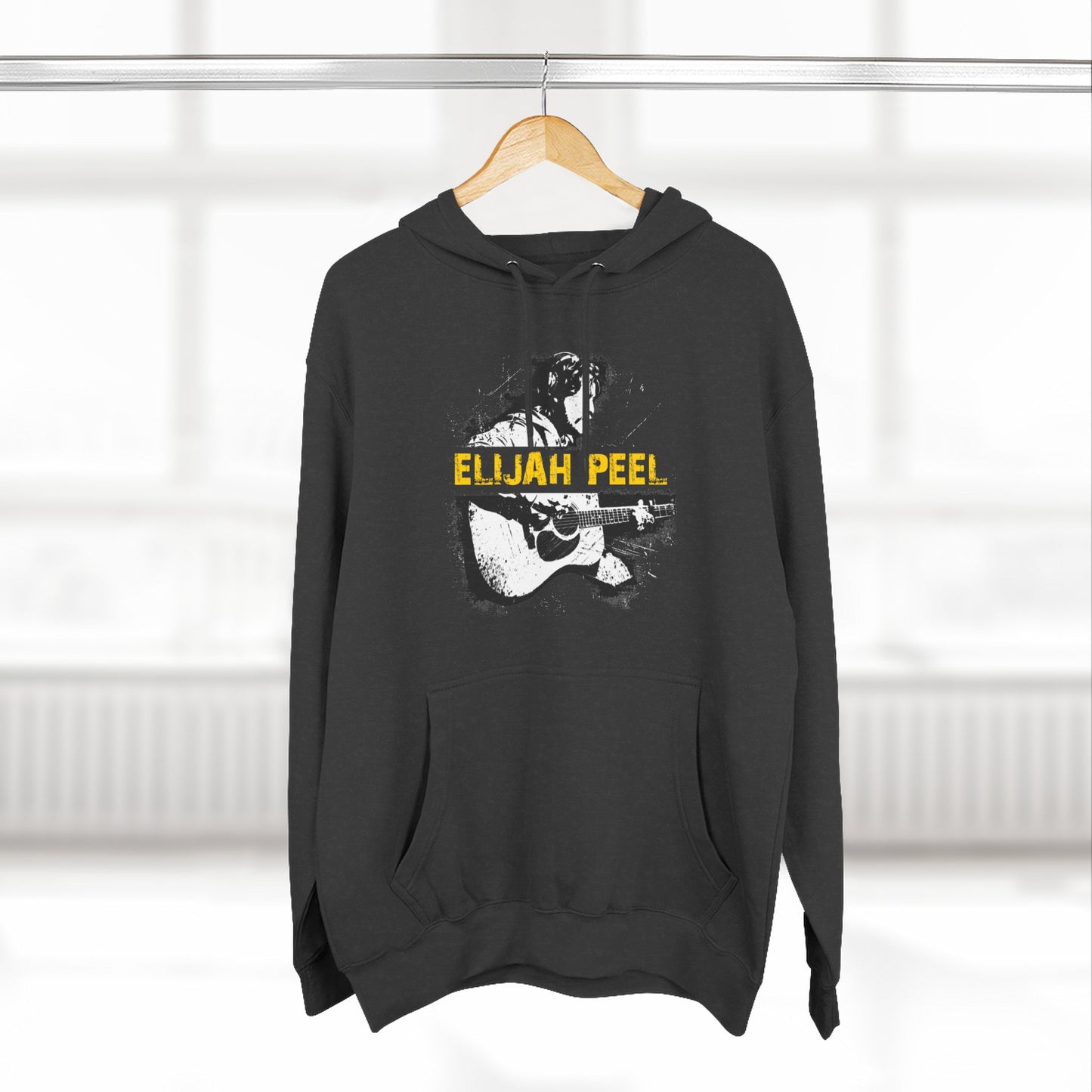 Elijah Peel Acoustic Guitar Hoodie — Musician Portrait Pullover Yellow Text