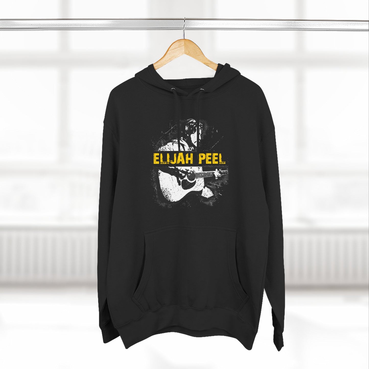 Elijah Peel Acoustic Guitar Hoodie — Musician Portrait Pullover Yellow Text